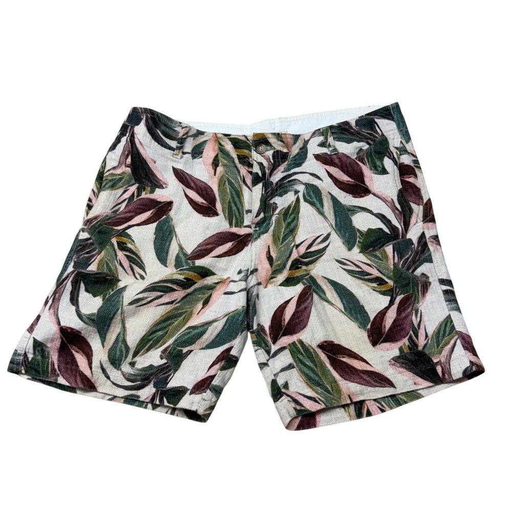 Florest Tropical Leaf Print Shorts Womens 42 Green Pink Floral Linen Blend